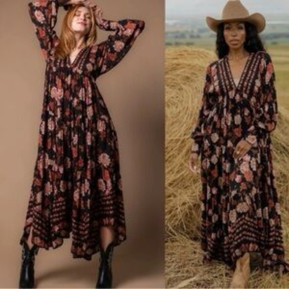 FREE PEOPLE Rows Of Roses Maxi Dress in Black Combo Red Pink Flowers Size Medium - Picture 1 of 13